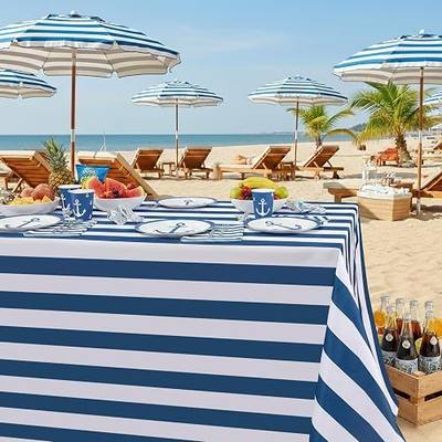 Fanqisi 2 Packs Navy Blue and White Striped Tablecloth 57 x 84 Inch Waterproof Table Cloth Rectangle Table Cover for Birthday Baby Shower Wedding Outdoor Summer Party Decoration