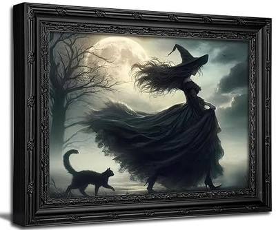 Black Framed Wall Art Halloween Gothic Witch Canvas Print Moonlit Witch with Black Cat Decor Picture Dark Academia Moody Halloween Artwork for Living Room Bedroom 9x11 inch