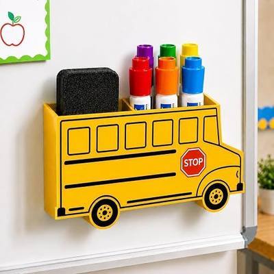 School Bus Magnetic Marker Holder for Whiteboard, Non-Slip Acrylic Dry Erase Marker Organizer with Full-Back Powerful Magnet, Storage Caddy for Markers, Pens & Erasers, Teacher Classroom Decor