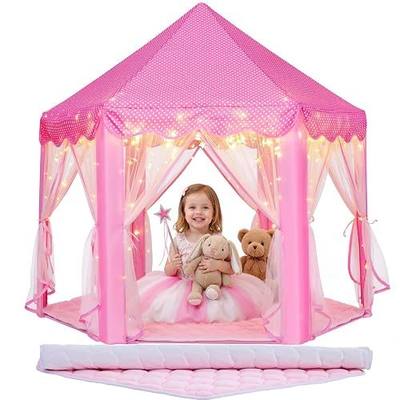 Monobeach Princess Tent for Kids: with Flannel Hexagon Floor Mat & Star Lights, Girls Large Playhouse Castle Play Tent, Toy for Children Indoor and Outdoor Games, 55" x 53"