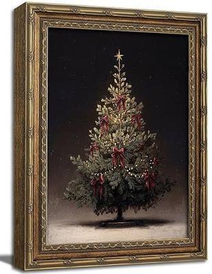 Gold Framed Wall Art Vintage Christmas Tree Canvas Print Antique Winter Holiday Decor Picture Moody Red Bow Christmas Tree Artwork for Living Room Bedroom 9x11 inch