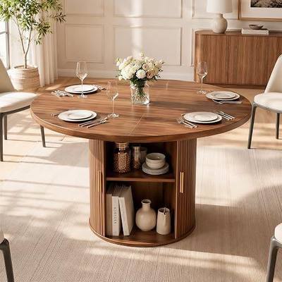 47-Inch Round Dining Table for 4-6, Tambour Door Storage, Walnut | Thick wood grain tabletop with a space-saving storage cabinet for kitchens, dining rooms, and living rooms.