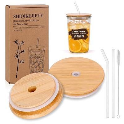 2 Pack Lids for Weck Jars 100mm Opening Bamboo with Straw Tulip Glass Jar Wooden Lid with Silicone Airtight Straw Hole Large Reusable Fits for Weck Jar Models 745 742 743 738 769 975 748 747