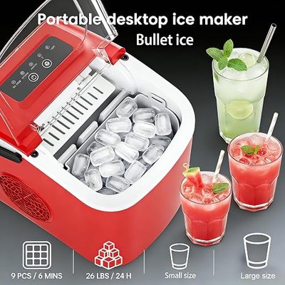 AGW Countertop Ice Maker,Small Portable Ice Cube Maker Machine with Self-Cleaning, 26lbs/24H, 9 Ice Cubes in 6-8 Mins, Perfect for Home Kitchen Office Bar (Cola Red, 26 lbs/Day)