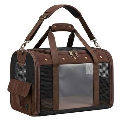 Stylish Vintage Pet Carrier with 4-Side Breathable Mesh, Cozy Washable Cushion, Lockable Zippers & Safety Leash, Clear View Window, Anti-Slip Base for Car Travel, Cafe Trips (Light Brown)