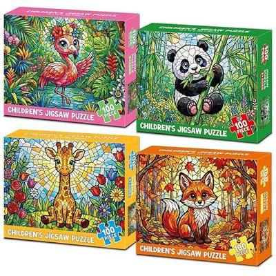 4-Pack 100 Piece Puzzles for Kids Ages 4-8 6-8 8-10, Panda Giraffe Kids Puzzles Ages 4-6 5-8 8-10, Flamingo Fox Stained Glass Forest Animal Puzzle 100 Pieces, Educational Jigsaw Puzzles Gifts 15x10in