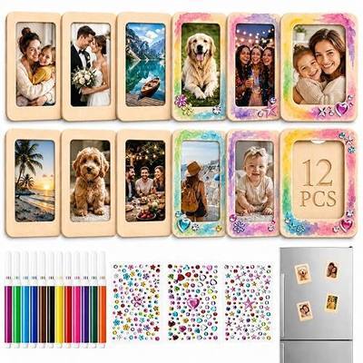 12PCS Magnetic Wooden Picture Frames 3.8"x2.6", DIY Unfinished Wood Photo Frame Kit with 12 Color Pens & 3 Sticker Sheets, Paintable Fridge Magnets for Party Memories, Birthday Wedding Decor