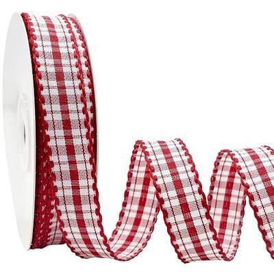 5/8" x 20Yds Red Gingham Ribbon, Scalloped Edge | Polyester checkered plaid trim for gift wrapping, DIY crafts, holiday decor, hair bows & floral. Non-fraying scalloped edge