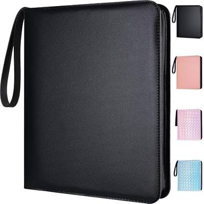 Trading Card Binder 9 Pocket - D Ring Card Binder with Zipper Fit 738 Cards | Classic Black with Double-Sided Black Pages