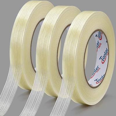 Filament Strapping Tape 0.75" x 60Yd 3 Pack Fiberglass Reinforced | Heavy duty fiberglass reinforced tape for shipping, box sealing and pallet bundling, waterproof strong adhesive