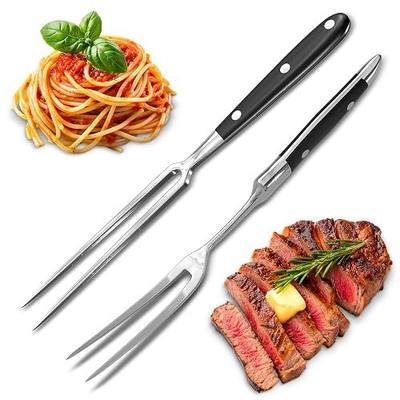 Carving Fork for Meat Set of 2 — 12" Stainless Steel BBQ Meat Fork with Heat-Resistant Wood & ABS Handles — Straight and Curved 2-Prong Kitchen Forks for Turkey, Brisket, Roast, Ham, Prime Rib & Lamb
