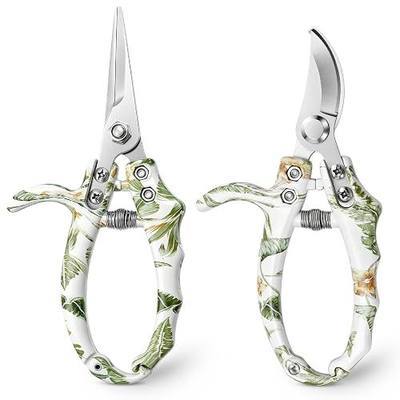 Garden Pruning Shears 2 Pack, Bypass Pruning Shears and Straight Garden Scissors, Easy Lock, Floral Patterns, Professional Garden Clippers for Plants and Flowers (Bypass and Straight)