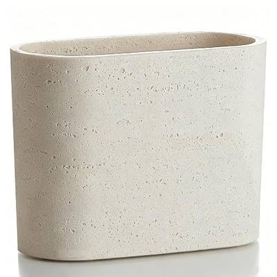Mini Stone-Look Trash Can for Desk – 6" Tall Resin Wastebasket with Non-Slip Base, Compact Countertop Bin for Office, Bedroom or Bathroom, Neutral Beige Farmhouse Decor