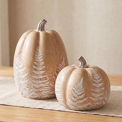 Fall Pumpkins for Decorating, Brown Resin Pumpkin Decor with Leaves Pattern | 2Pcs Rustic Decorative Pumpkins Figurine for Thanksgiving Table Decor, Fall Decoration for Home Farmhouse