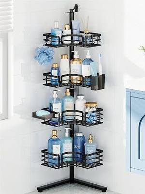 HapiRm Corner Shower Caddy Stand - 4-Tier Adjustable Shower Shelves, Black | Rustproof Stainless Steel, 4 Hooks, Soap and Toothbrush Holders, Large Capacity Shower Organizer for Tall Bottles, No-drill