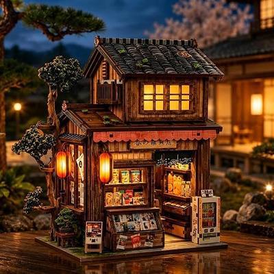 Book Nook Kit for Adults, Japanese Grocery Store DIY Miniature House Kit with Light, 3D Wooden Puzzle Bookshelf Insert Diorama Display Decor, Relaxing Craft Gift for Home Decor & Book Lovers