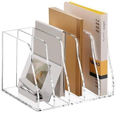 Acrylic Magazine File Holder - 5 Vertical Compartments Clear Desk Document Sorter Organizer, No Assembly 5mm Thick Folder Rack Binder for Office Home Classroom, Holds Books, Planners & Greeting Cards