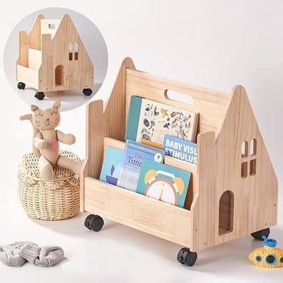 Kids Bookshelf for Toddlers, Montessori Wooden Bookcase with Wheels | Double-sided house shaped nursery bookshelf for playroom bedroom classroom, baby book storage organizer, kids display shelves