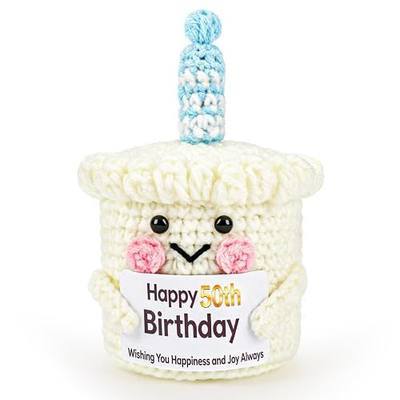 Konsait 50th Birthday Gifts – Handmade Crochet Happ 50th Birthday Cake Doll, 50 Milestone Keepsake Present for Her Him Family Friends and More