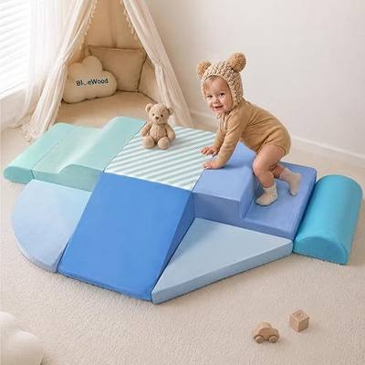 BlueWood Foam Climbing Blocks for Babies, 7-Piece Soft Play Set (Blue) | Baby Climbing Blocks Indoor for Toddlers 1-3, Soft Climbing Blocks with High-Density Foam, Toddler Climbing Toys for Crawling