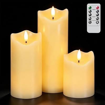 Eldnacele Ivory Flameless Pillar Candles Battery Operated with Remote Timer | LED Flickering Candles, Realistic 3D Wick, Real Wax Wave-Shaped, Wedding Dinner Christmas Holiday Decor, 3"D x 4"5"6"H, 3Pack