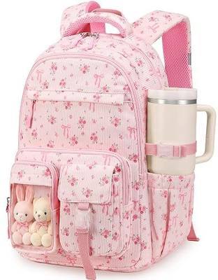 BTOOP Multi-Compartment Kids Backpack for Girls, Cute Pink Bow School Backpack with Chest Strap, Side Pocket Fits 40 oz Tumbler, Luggage Strap, Girls Bookbag for Elementary Middle School