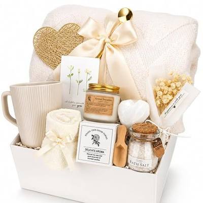 Birthday Gifts for Women, Sunflower Relaxing Spa Gift Basket Self Care, Get Well Soon Mothers Day Thinking of You Care Package with Blanket Tumbler for Mom Wife Friend Sister Grandma (Creamy White) | 11pc Ready to Gift Box, Comes with hand tied Ribbon Bows, Every Item Hand Picked to ensure best qual