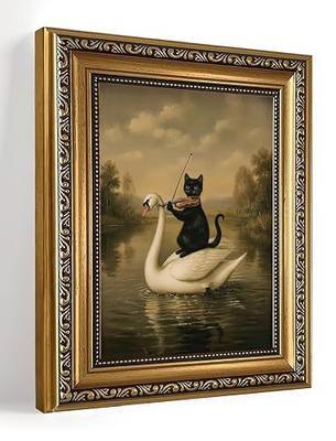 Gold Framed Funny Cat Playing Violin On Swan Canvas Wall Art Prints | Whimsical Animal Wall Decor Pictures Vintage Dark Academia Paintings for Living Room Bedroom Bathroom Artwork 8x10in