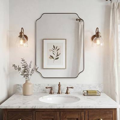 24X32 Inch Champagne Bronze Scalloped Mirror for Bathroom | Rustproof Stainless Steel Frame, Unique Notched Corners, Horizontal & Vertical Mount, Ideal for Bathroom Decor & Remodel