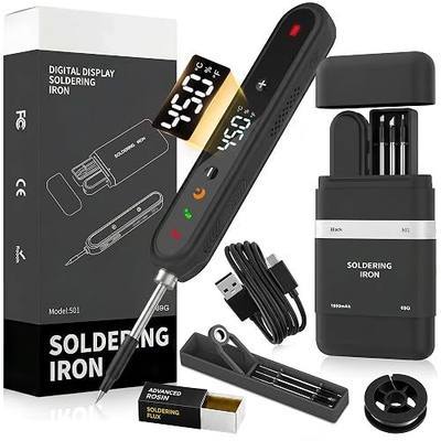 Cordless Soldering Iron Kit, 1600mAh USB-C Rechargeable Soldering Pen with LED Display & Stable Temp Control, Charging-While-Use, 356°F-842°F/180°C-450°C, 3 Tips for DIY Electronics (Black)