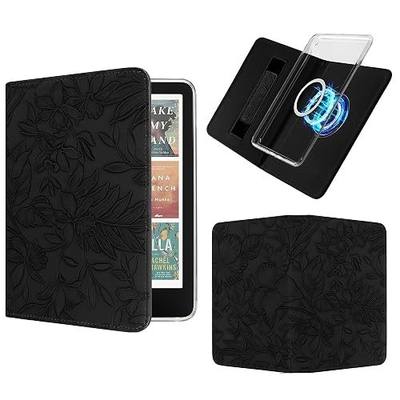 Magnetic Book Cover Case for 7'' Kindle Paperwhite & Colorsoft | Magnetic Detachable, Auto Wake/Sleep, Clear PC Case, Soft TPU Edge, Hands-Free Viewing, Hand Strap, Embossed Black