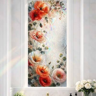 Watercolor Poppy Holographic Window Film 17.32x39.37in Cling | Watercolor poppy holographic window film 17.32x39.37 in; iridescent floral cling for bathroom bedroom year-round decor