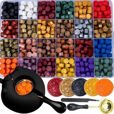 Electric Wax Seal Warmer, Black Seal Stamp Beads Kit with 624Pcs Sealing Wax Beads in 24 Colors, Melt Spoon for Letter Sealing, Wedding Invitation & DIY Craft