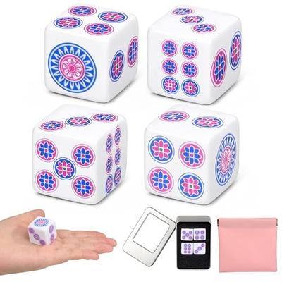 4Pcs Mahjong Dice Set with Metal Tin Case & Pink Pouch – 25mm Acrylic Square Dice with Rounded Edges – Portable Set for Family, Party & Board Games (White/Blue/Rose Red)