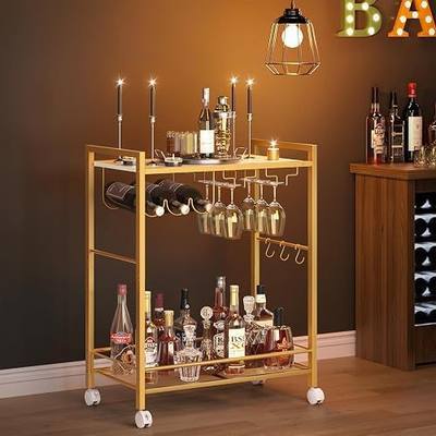 Joaxswe Bar Cart, Home Wine Drink Cart with 2-Tier Shelf,Rolling Beverage Cart with Wheels,Mobile Kitchen Shelf,Modern Bar Serving Cart with Wine Rack and Glass Holder for Room,Kitchen,Gold