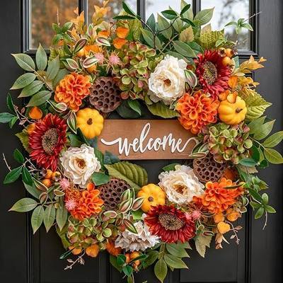 24 Inch Fall Wreaths for Front Door, Autumn Door Decor Thanksgiving Wreaths | Autumn wreaths with Dahlia Peony Hydrangea and lotus pods Includes Rustic Wooden Welcome Sign indoor outdoor fall decorations
