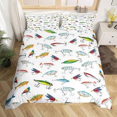 Homewish Fishing Quilt Cover Queen Size,Hunting Bass Fish Bedding Sets 3Pcs for Kids Girls Boys Women Room Decor,Colorful Fish Hooks Comforter Cover Hunt Lovers Bed Cover,2 Pillowcases