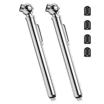 Pencil Tire Pressure Gauge 2 Pack, 10-75PSI Air Pressure Gauge with Tire Caps, Stainless Steel Body, 3 Measurements (±2% Span) for Cars, RVs, Bicycles