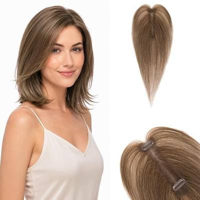 10 Inches Human Hair Topper with Mild Thinning, Long Narrow Breathable Lace Base Hair Topper with Hand-Tied, 1.18"x5.12" for Part Line Coverage, #4 Medium Brown, Curtain Bangs