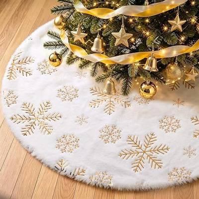 WISELIFE 36 Inch White Faux Fur Christmas Tree Skirt, Soft Plush Tree Skirt with Gold Sequin Snowflakes, Xmas Holiday Party Decoration for 5-6ft Christmas Tree