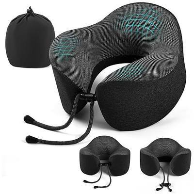 Travel Neck Pillow, Ergonomic Memory Foam Reading Pillow for Ncek Support Travel Sleeping, Airplane Pillow for Long Flight woth Soft Massage Granules & Fold- Black