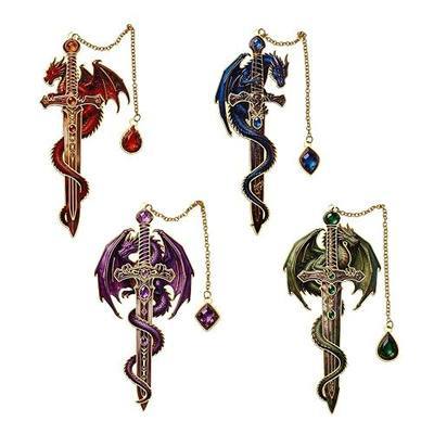 4 Pcs Fantasy Dragon Sword Bookmarks, Metal Page Markers with Crystal Dangle Charm, 3D Vintage Book Accessories for Journals, Planners, Novels, Unique Gift Set for Book Lovers