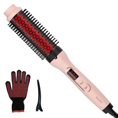 Infrared Thermal Brush, Dual Voltage Negative Ions Heated Round Brush, 1 1/2 Inch Straightener & Curling Iron Brush 2 in 3, Dual PTC Non-Blowing Thermal Round for Wome, Powder Pink