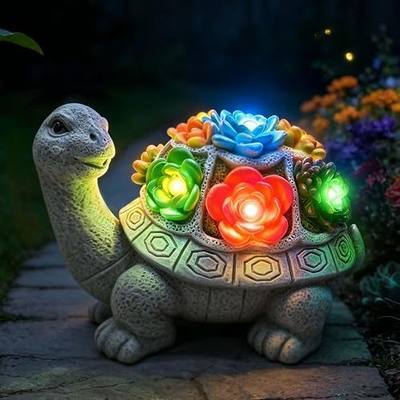 Solar Garden Outdoor Statues Turtle with Succulent and 6 LED Lights- Housewarming Gifts, IP65 Waterproof, Solar Powered Lawn Decor Statue for Patio, Balcony, Gifts for Mom Grandma Women, Color Light