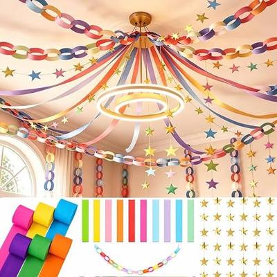 492 FT Crepe Paper Streamers, 300 Paper Chain Strips & 79 FT Gold Star Garland, DIY Ceiling Party Decoration Kit with Tape & Stapler for Birthday Wedding Holiday Decorations (Rainbow Party Decor)