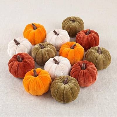 FJAKA 12 Pcs Velvet Pumpkin Mini Decor, Artificial Small Foam Pumpkins Fall Thanksgiving Home Table Indoor Decorations