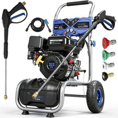 3500PSI Gas Pressure Washer, 212CC / 2.3GPM / 7HP / 4-Stroke Gas Power Washer with 4 Quick Connect Nozzles, 25FT Hose, Soap Tank, Gas Powered Pressure Washers for Driveways Decks Cars Paint Prep