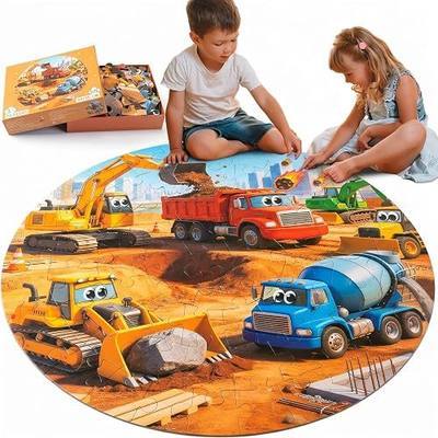 Civaner 70 Pieces Floor Puzzles Round Large Puzzles for Kids Ages 3-5 5-8 Jumbo Jigsaw Puzzle Educational Gifts for Toddlers Girls Boys Baby Shower Holiday Birthday (Construction Vehicles)