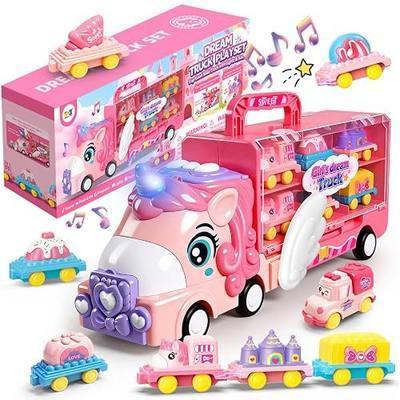 11 in 1 Pink Unicorn Truck Toy for Girls with 10 Mini Cars | Carrier Truck Toy with Light & Sound, Magnetic Connectable Cars, Toy Car Set Birthday Gift Toys for Girls Toddlers Ages 3+