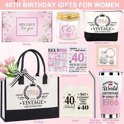 40th Birthday Gifts for Women, Vintage 1986 Birthdays Gift For Her, Cool 40 Year Old Birthday Gifts Set For Mom Wife Sister Friends Coworkers, Unique Gift Ideas With Tumbler Greeting Card Tote Bag